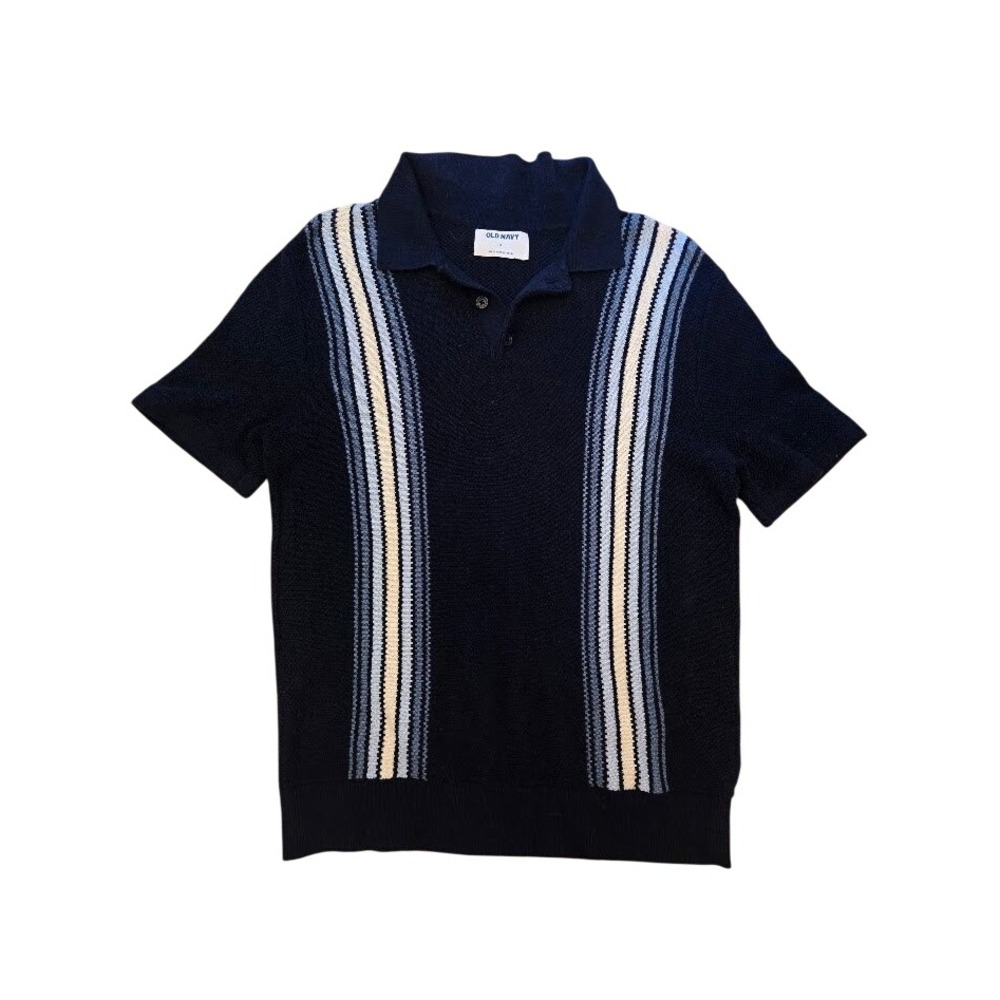 Old Navy Mens Short Sleeve Knit Polo Shirt Navy Blue Striped Retro Size S